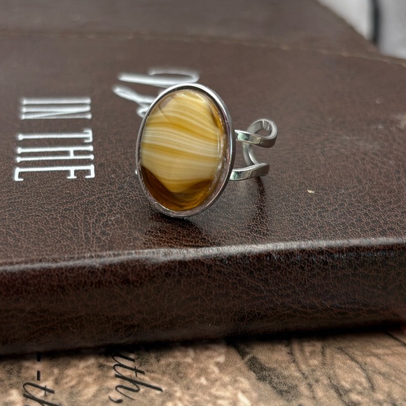 Vintage Jewelry - Vintage 1970s Yellow Striped Agate Ring • Stainless Steel Adjustable